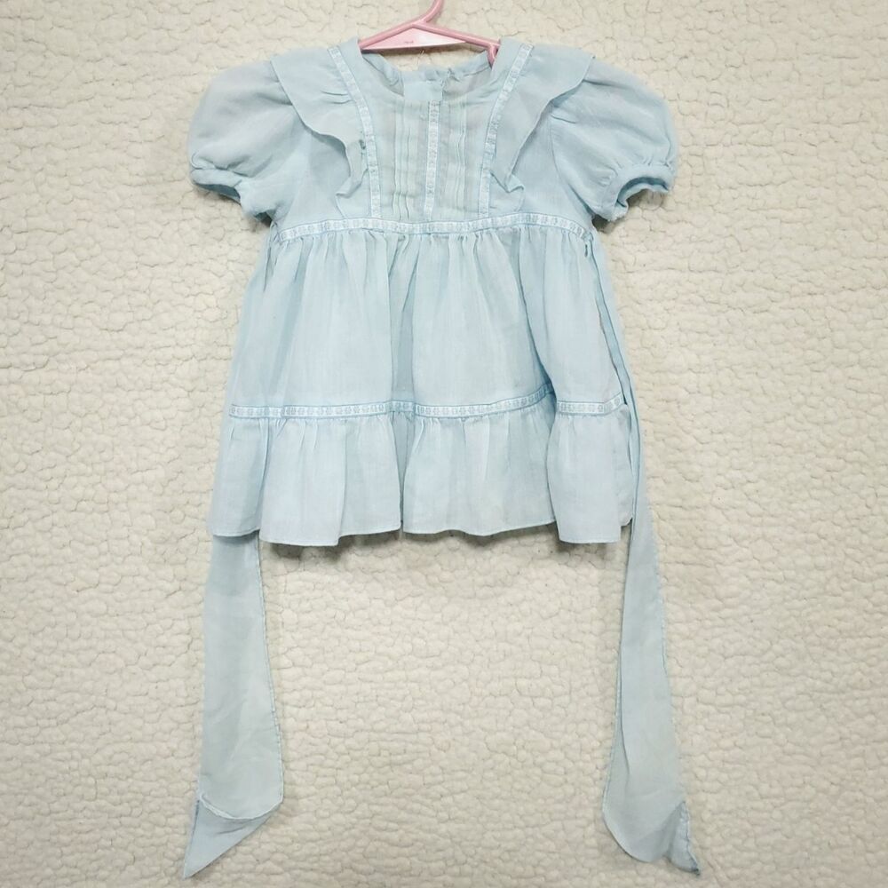 Vintage Girls Handmade Blue Dress  Puff Sleeves Back Bow Bodice Pleats & Ruffles